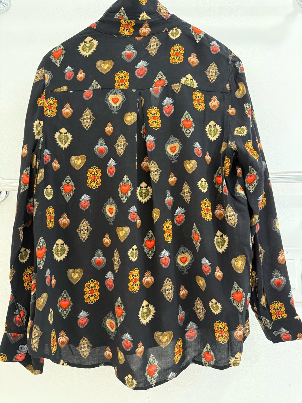 L'AGENCE Black Button-Down Shirt with Red & Gold Heart Medallions - Picture 4 of 4